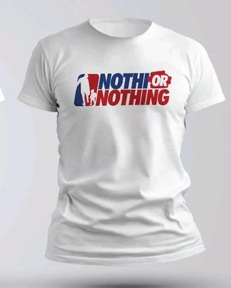 White Nothi or Nothing T-shirt with the classic red and blue logo